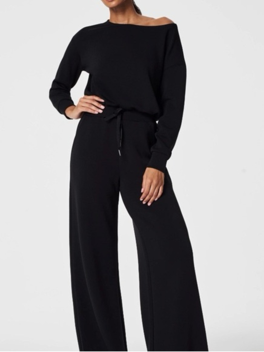 SPANX Black Wide-Leg Knit Jumpsuit with Off-Shoulder Neckline